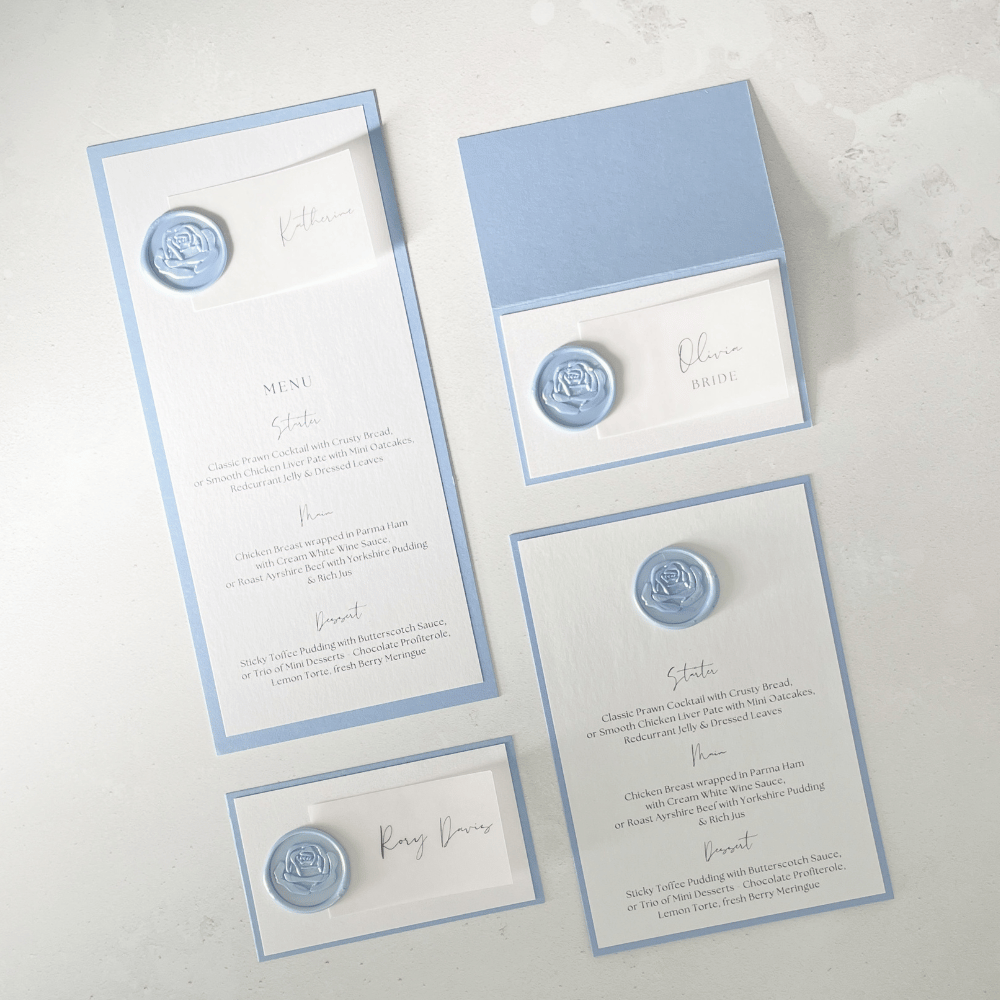 handmade vellum and wax seal individual place card menu on the day stationery