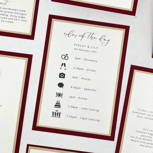 handmade modern wedding stationery burgundy and gold order of the day card