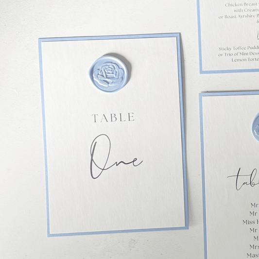 dusty blue rose wax seal table name