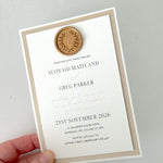 jeni wax seal evening invite in champagne with gold wax seal handmade by zara dumfries