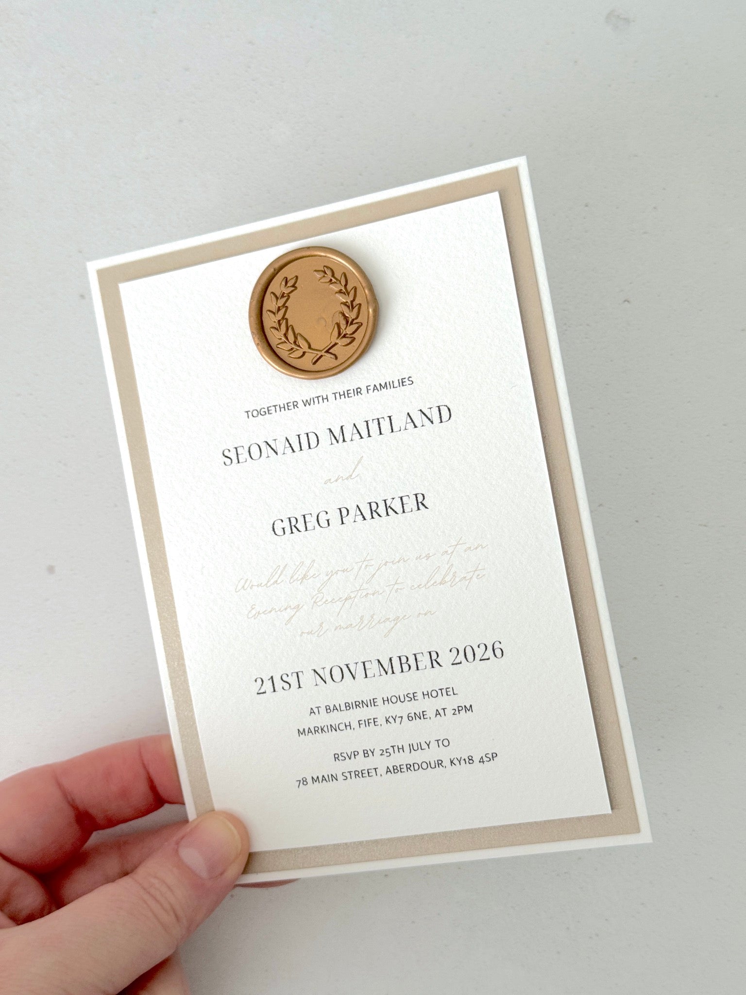 jeni wax seal evening invite in champagne with gold wax seal handmade by zara dumfries