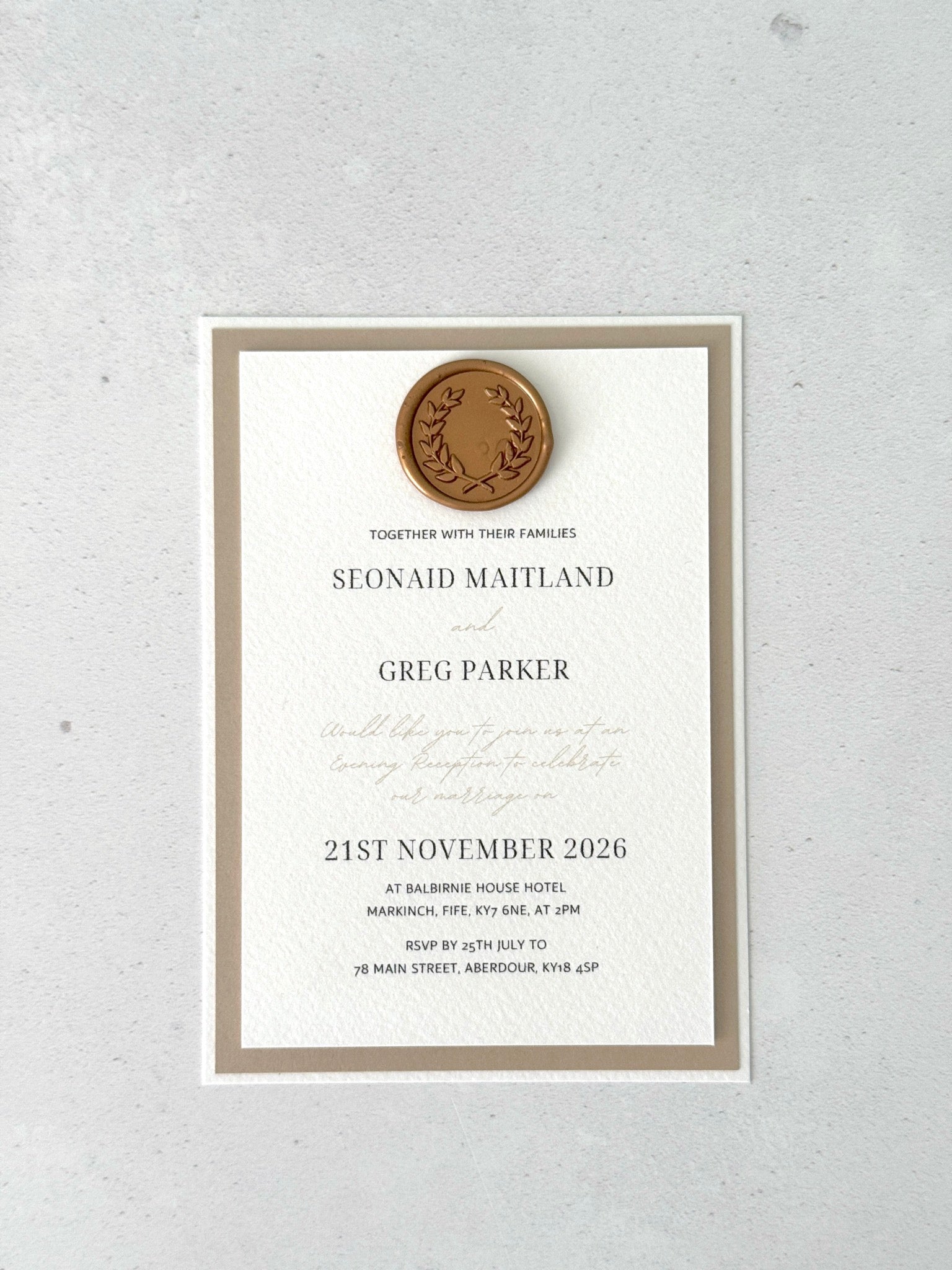 Postcard wax seal evening invite in semi custom colour options