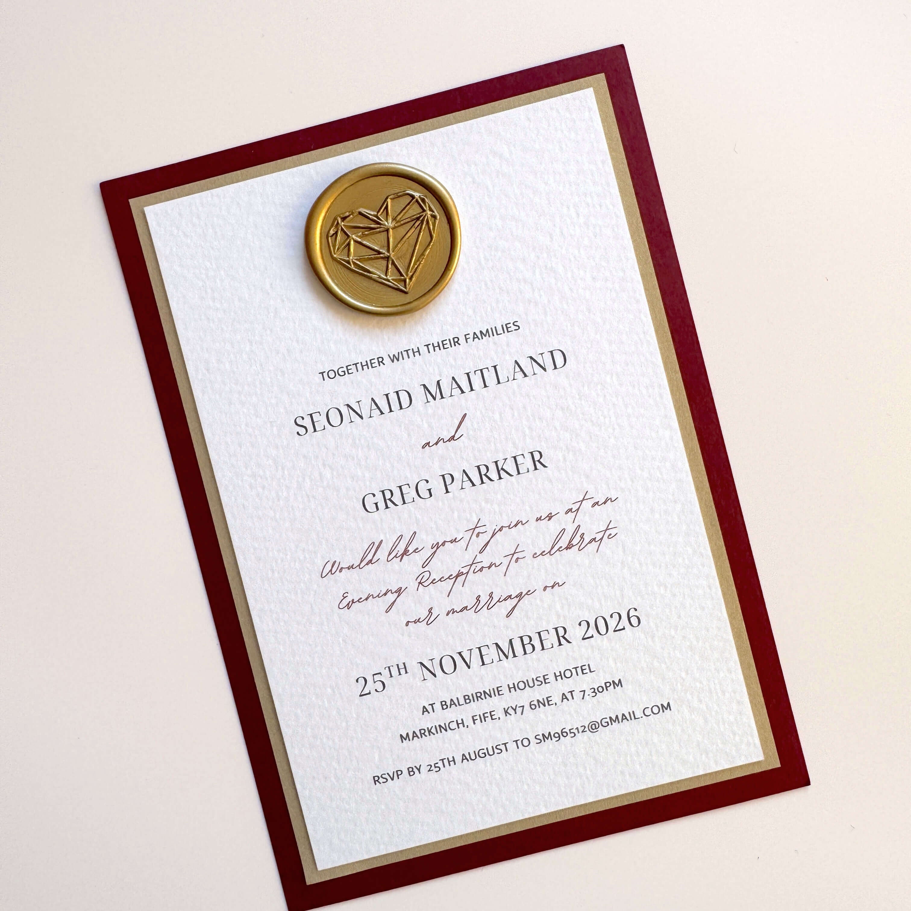 Postcard wax seal evening invite in burgundy red and gold with geometric heart wax seal design