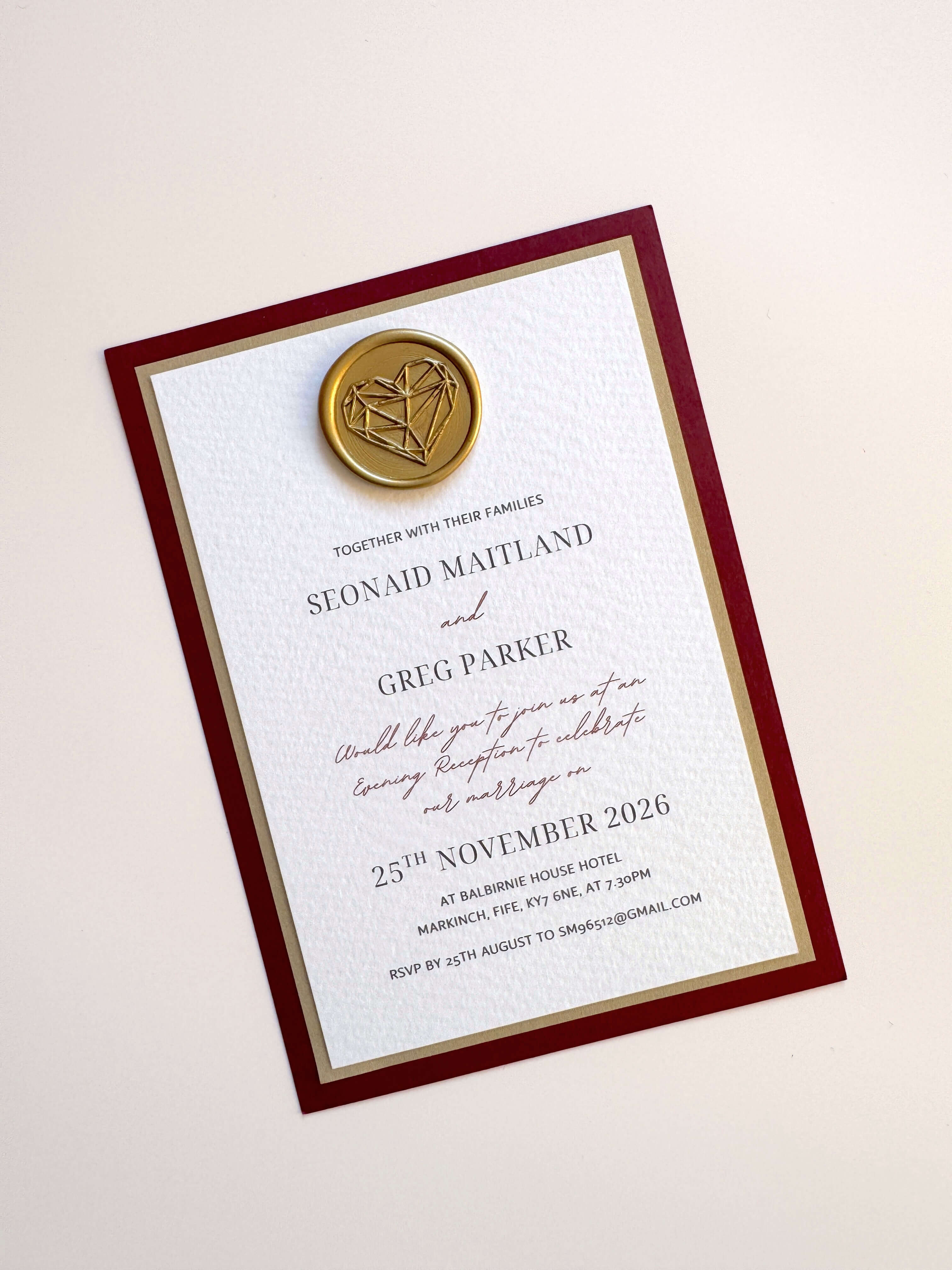 Postcard wax seal evening invite in burgundy red and gold with geometric heart wax seal design