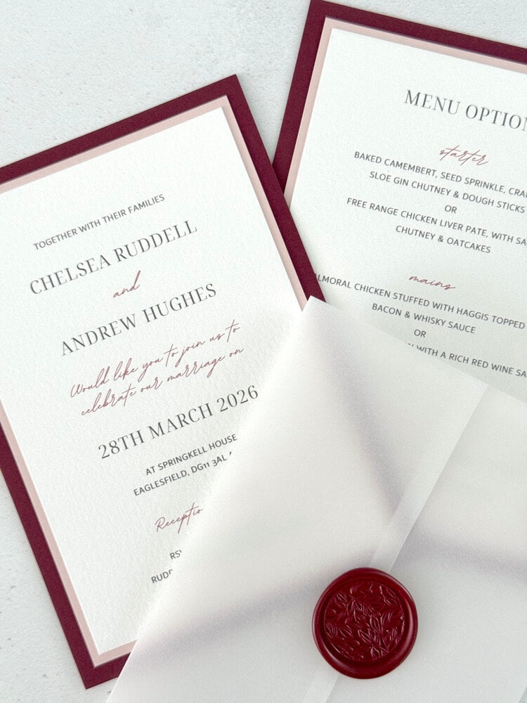 Jeni vellum sleeve wedding invite with burgundy and wax seal