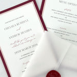 Jeni vellum sleeve wedding invite with burgundy and wax seal