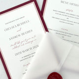 Jeni vellum sleeve wedding invite with burgundy and wax seal