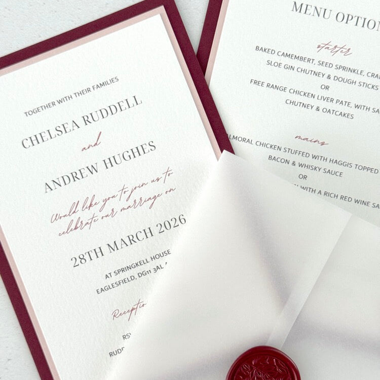 Jeni vellum sleeve wedding invite with burgundy and wax seal