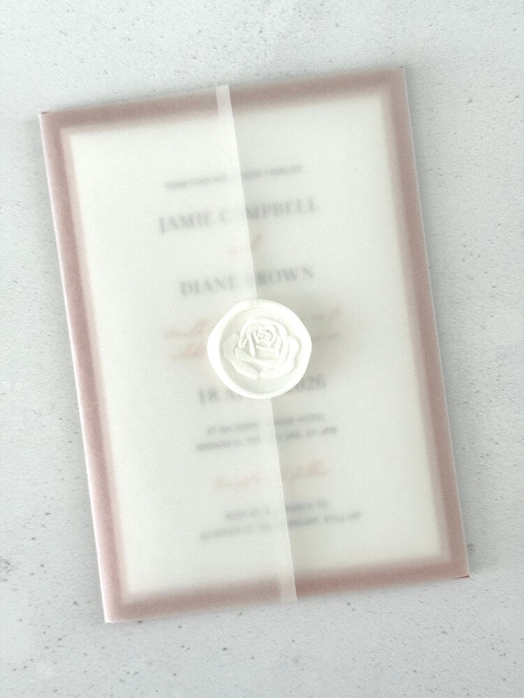 Transparent paper jacket wedding invite with wax seal