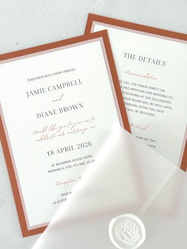terracotta orange wax seal vellum wrapped wedding invite