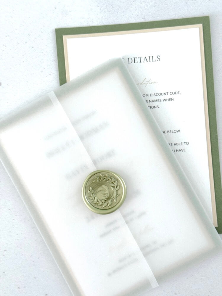 handmade wreath wax seal in sage green with see through vellum wrap wedding invite