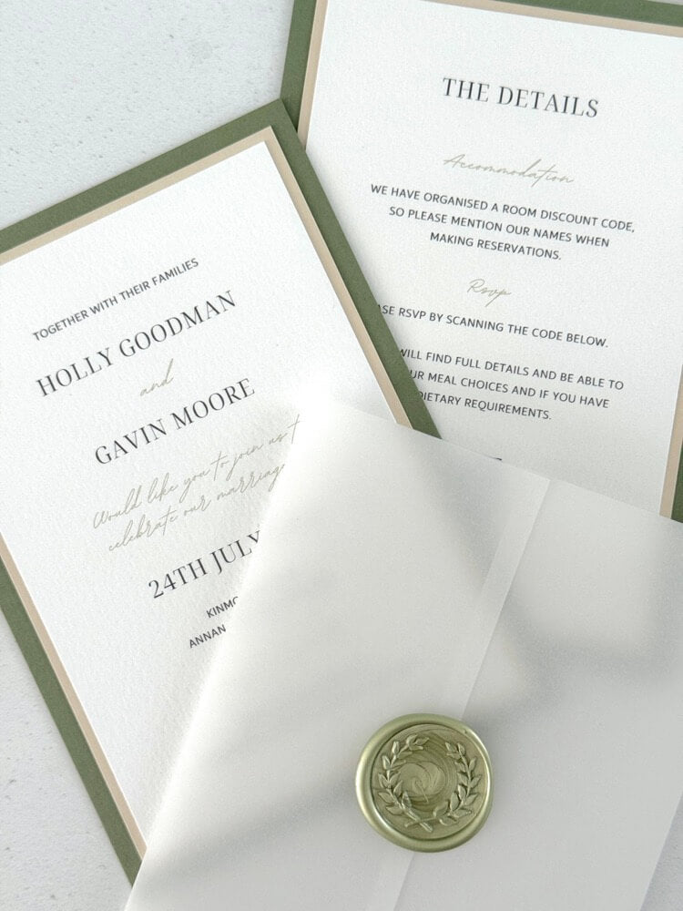 Vellum wrapped postcard wedding invite with sage green wax seal