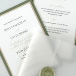 Vellum wrapped postcard wedding invite with sage green wax seal