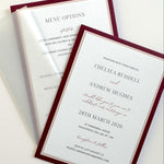 Burgundy wedding invite with transparent vellum paper wrap and wax seal