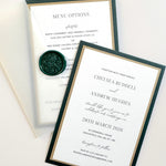 Handmade leaf design wax seal with see through vellum wrap wedding invite in racing green