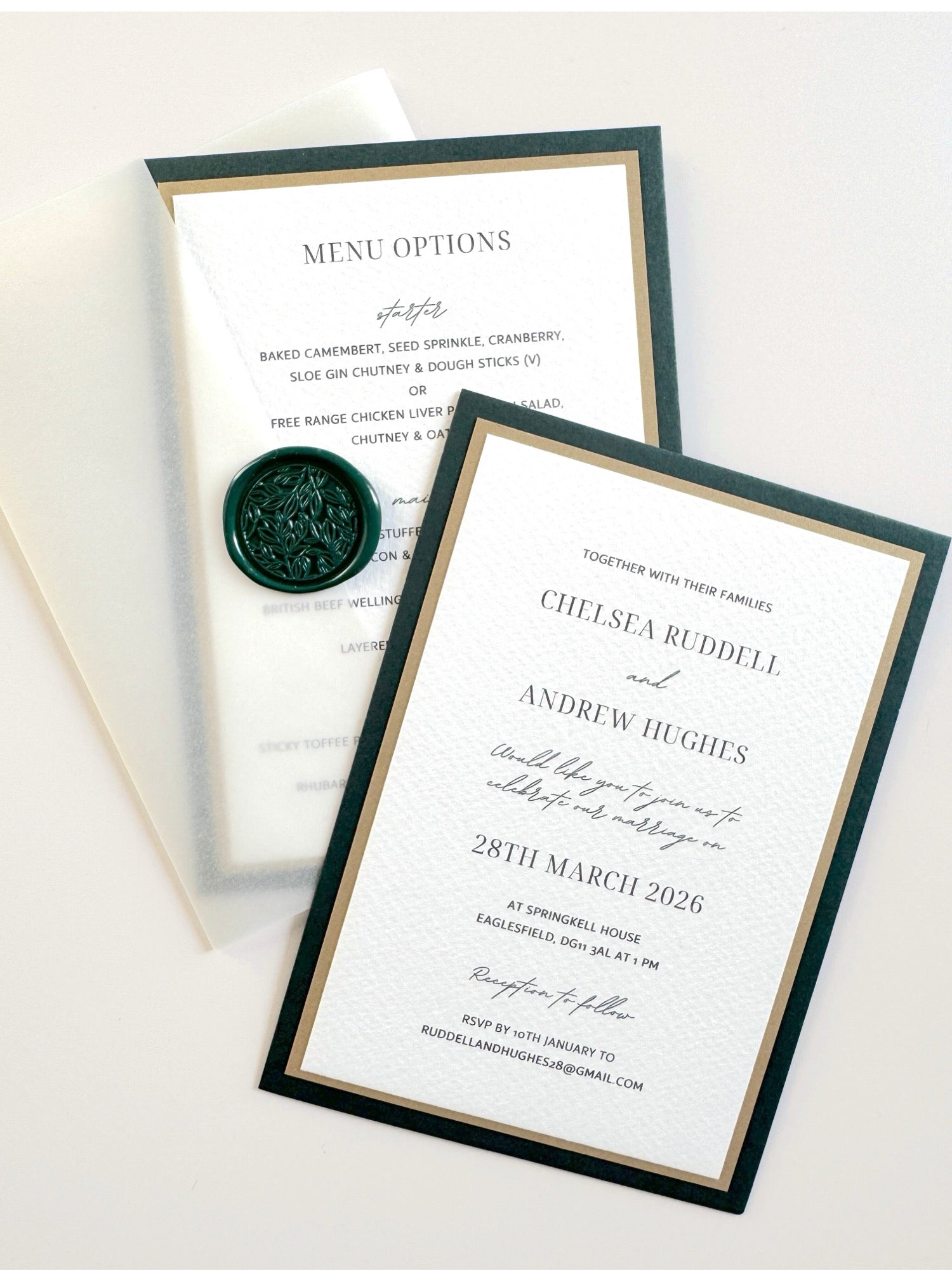 Handmade leaf design wax seal with see through vellum wrap wedding invite in racing green