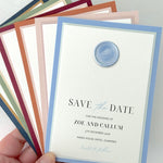 minimalist Jeni save the date card, dusky blue wax seal