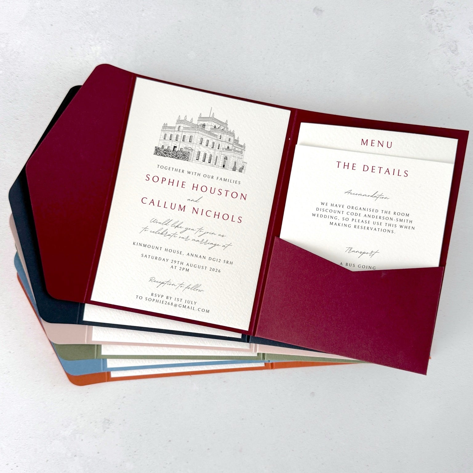 Burgundy pocketfold wedding invitation with venue illustration or Kinmount House, Annan, D&G