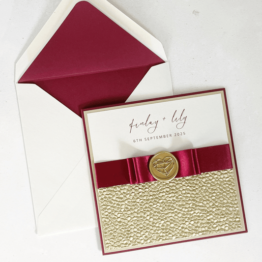 lily burgundy and gold wax seal wedding invitation
