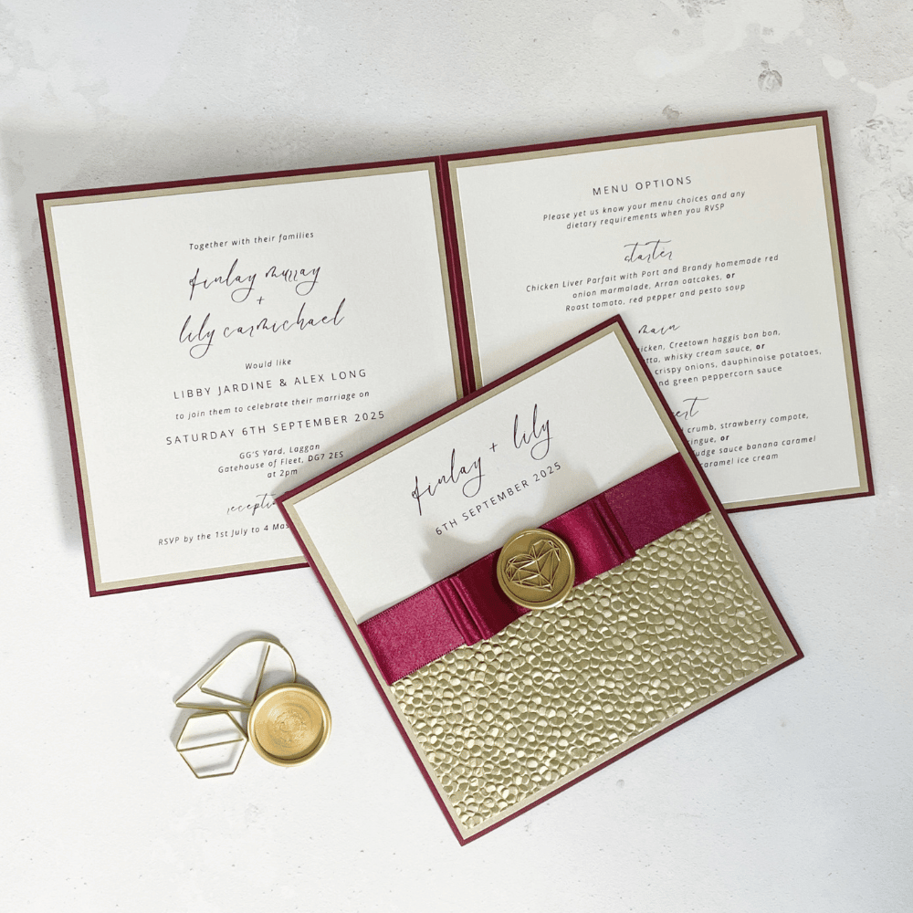 burgundy satin ribbon and gold geometric heart wax seal handmade wedding invitation