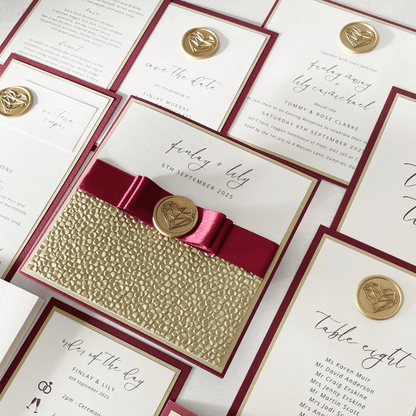 luxury handmade burgundy and gold wedding invite and stationery