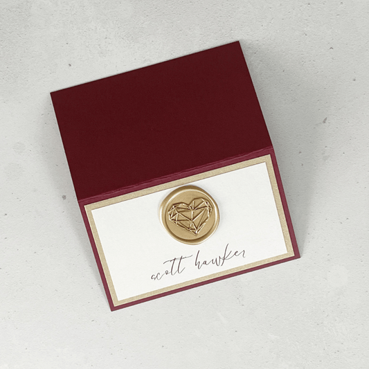 Folded place card burgundy and gold wax seal