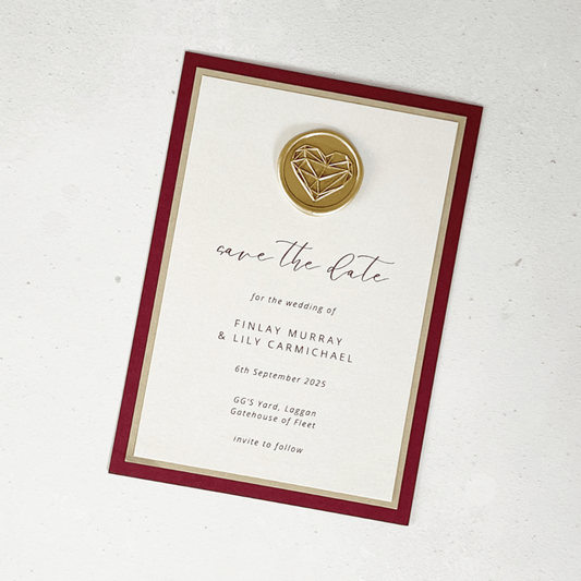 burgundy and gold wax seal save the date card