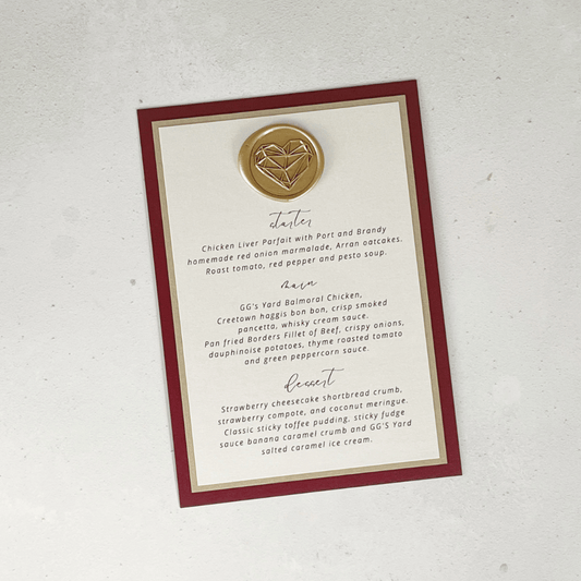 postcard menu red and gold wax seal wedding stationery
