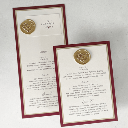 Menu and menu place card burgundy and gold wax seal  on the day wedding stationery