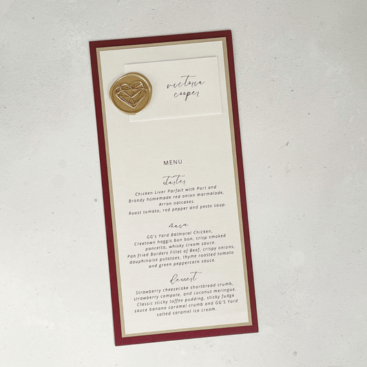 burgundy and gold wax seal individual menu place card