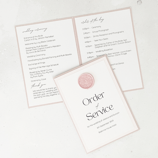 dusty pink wax seal card order of service booklet