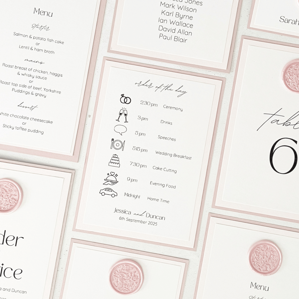 handmade wedding stationery order of the day pink