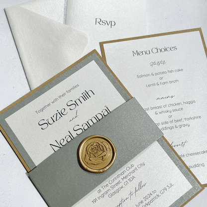 sage green and gold rose wax seal belly band wedding invitation
