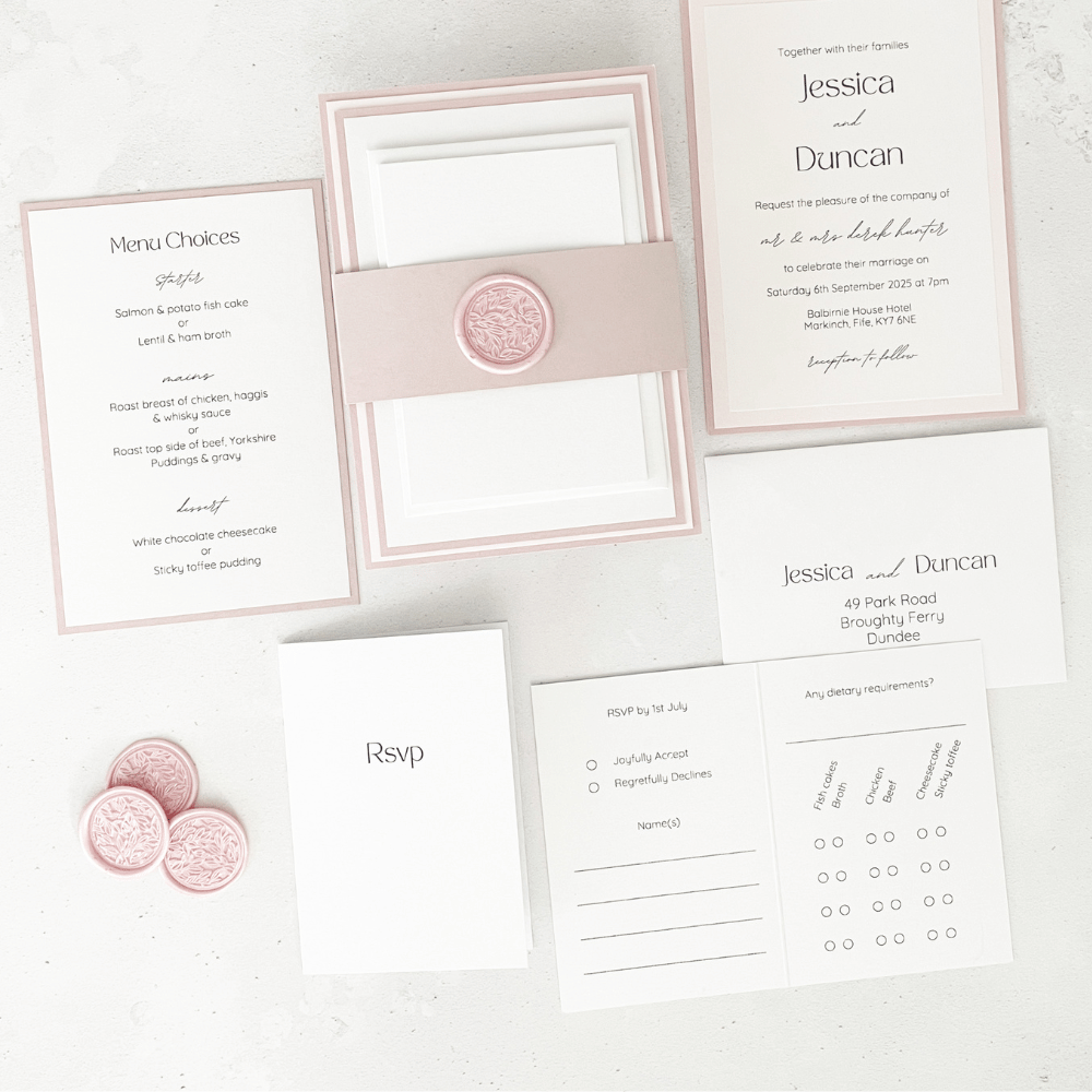 stacked handmade wax seal belly band wedding invite and rsvp card