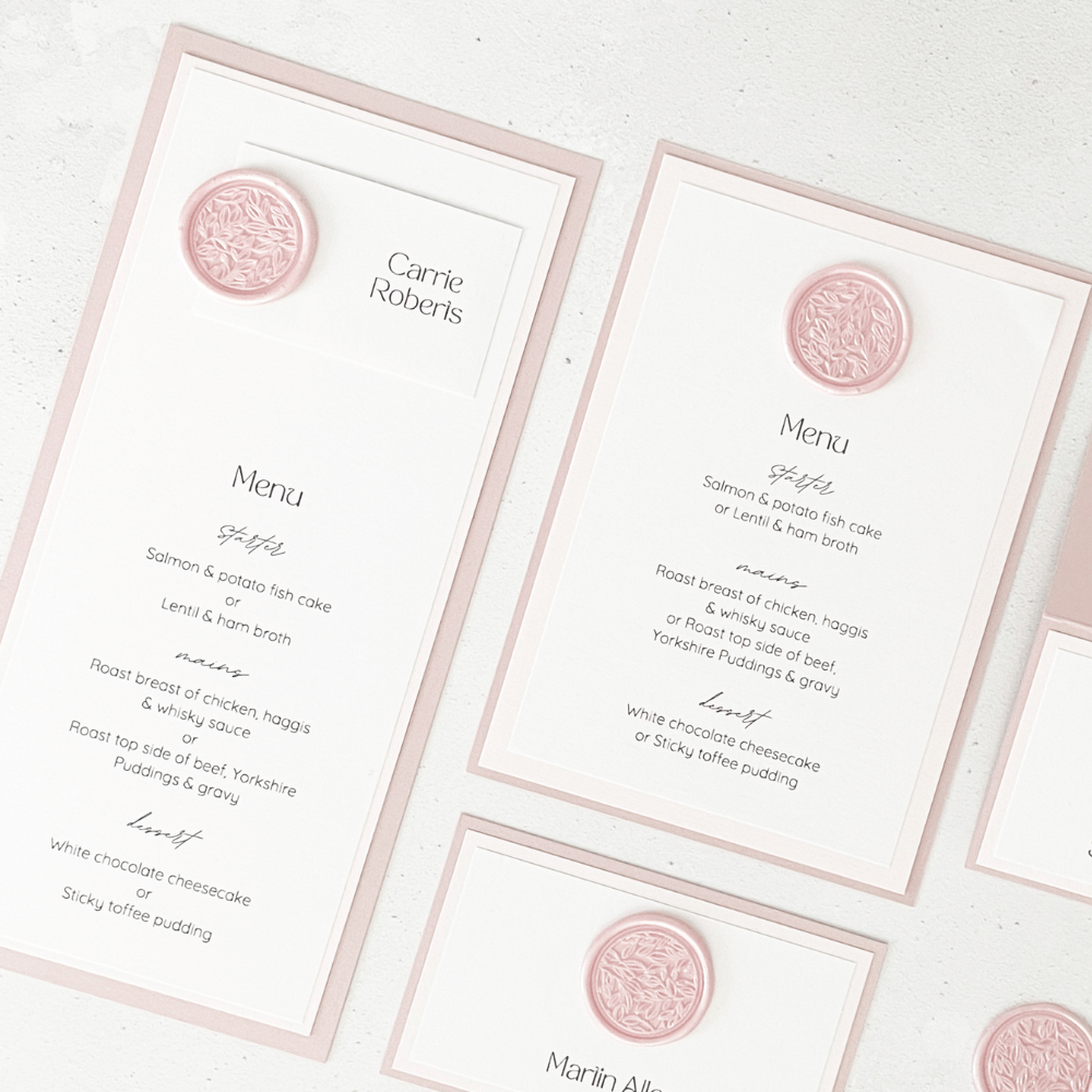 pink wax seal menu place cards on the day stationery