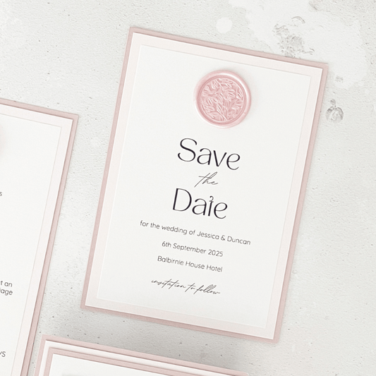 Save the Date card pink foliage wax seal 