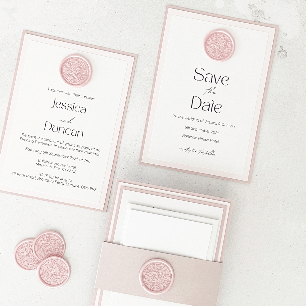 dusty pink handmade wax seal wedding stationery save the date card