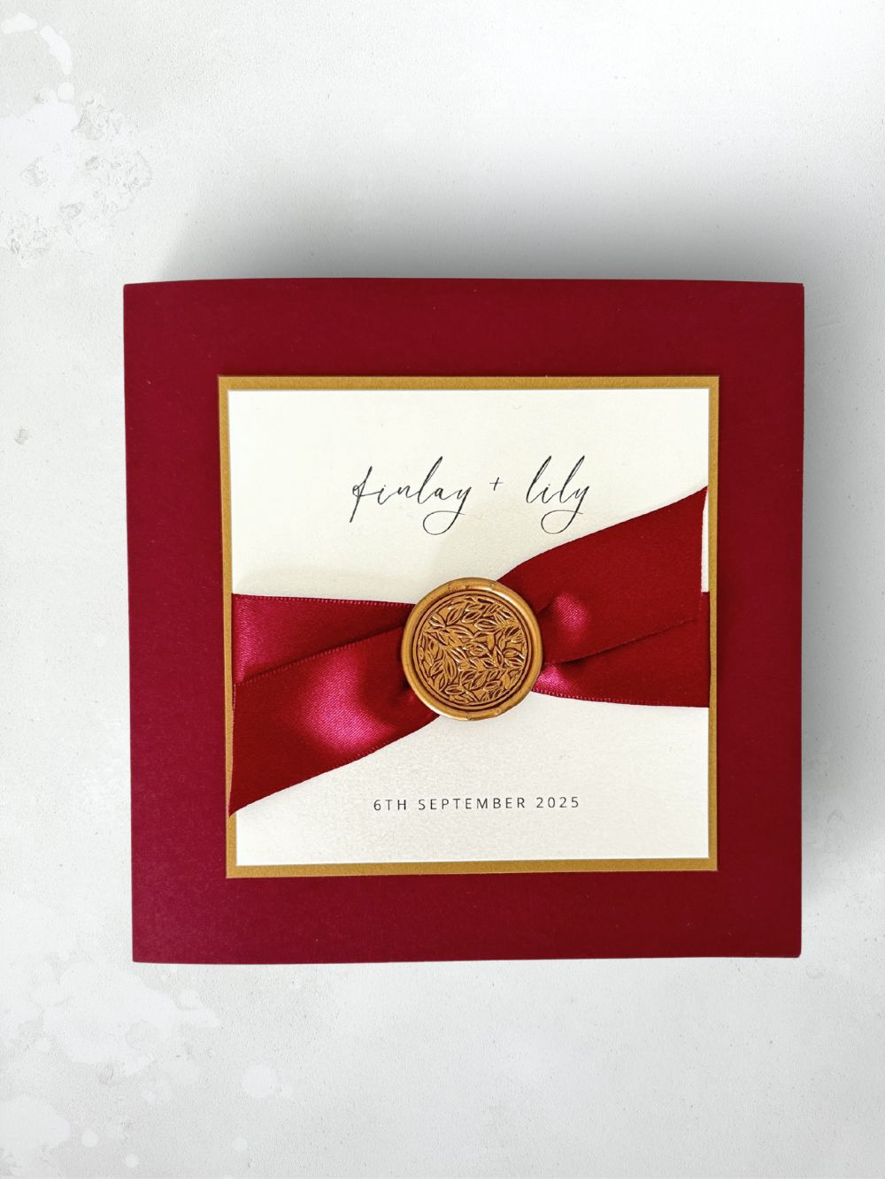 Burgundy ribbon and gold foliage wax seal square wedding invitation handmade by zara