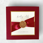 Burgundy ribbon and gold foliage wax seal square wedding invitation handmade by zara