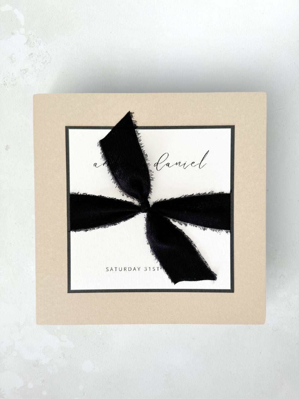 Lily monochrome black minimalist tied silk ribbon square wedding invite