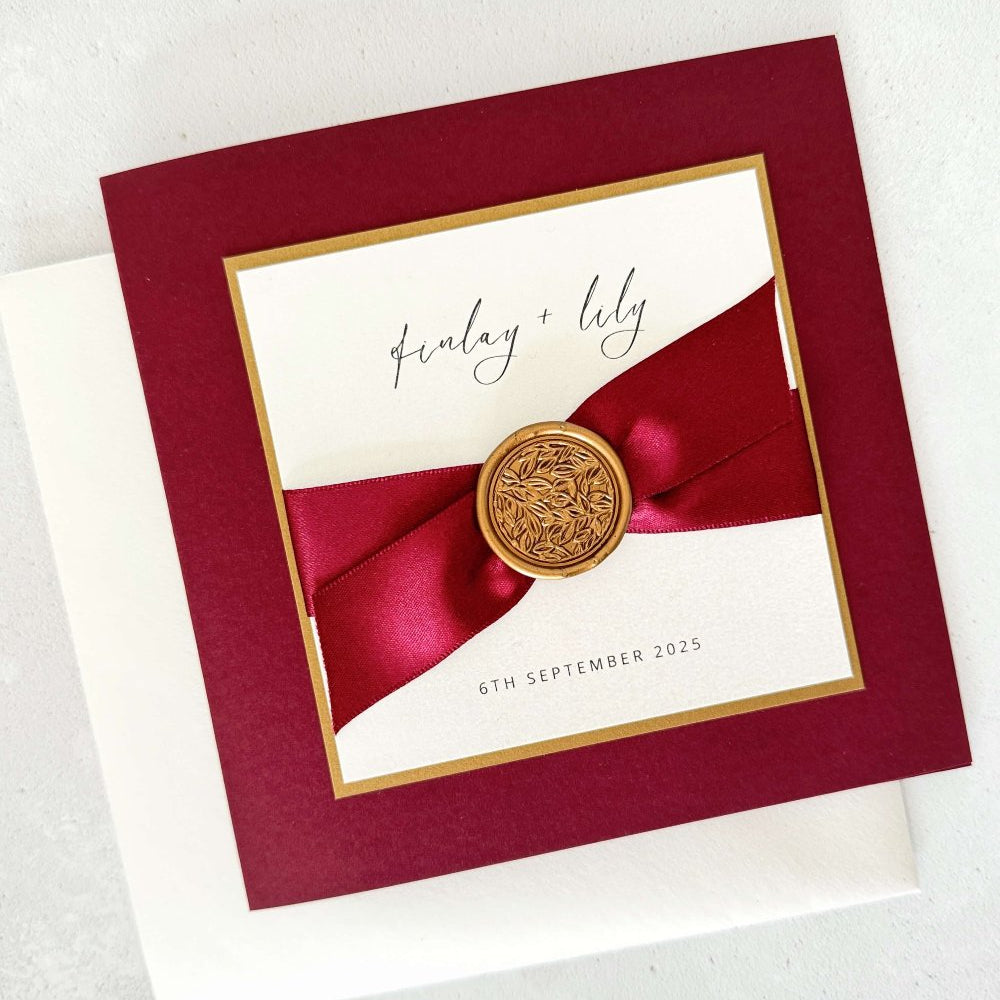 Lily burgundy satin ribbon and gold wax seal square wedding invite handmade by zara dumfries