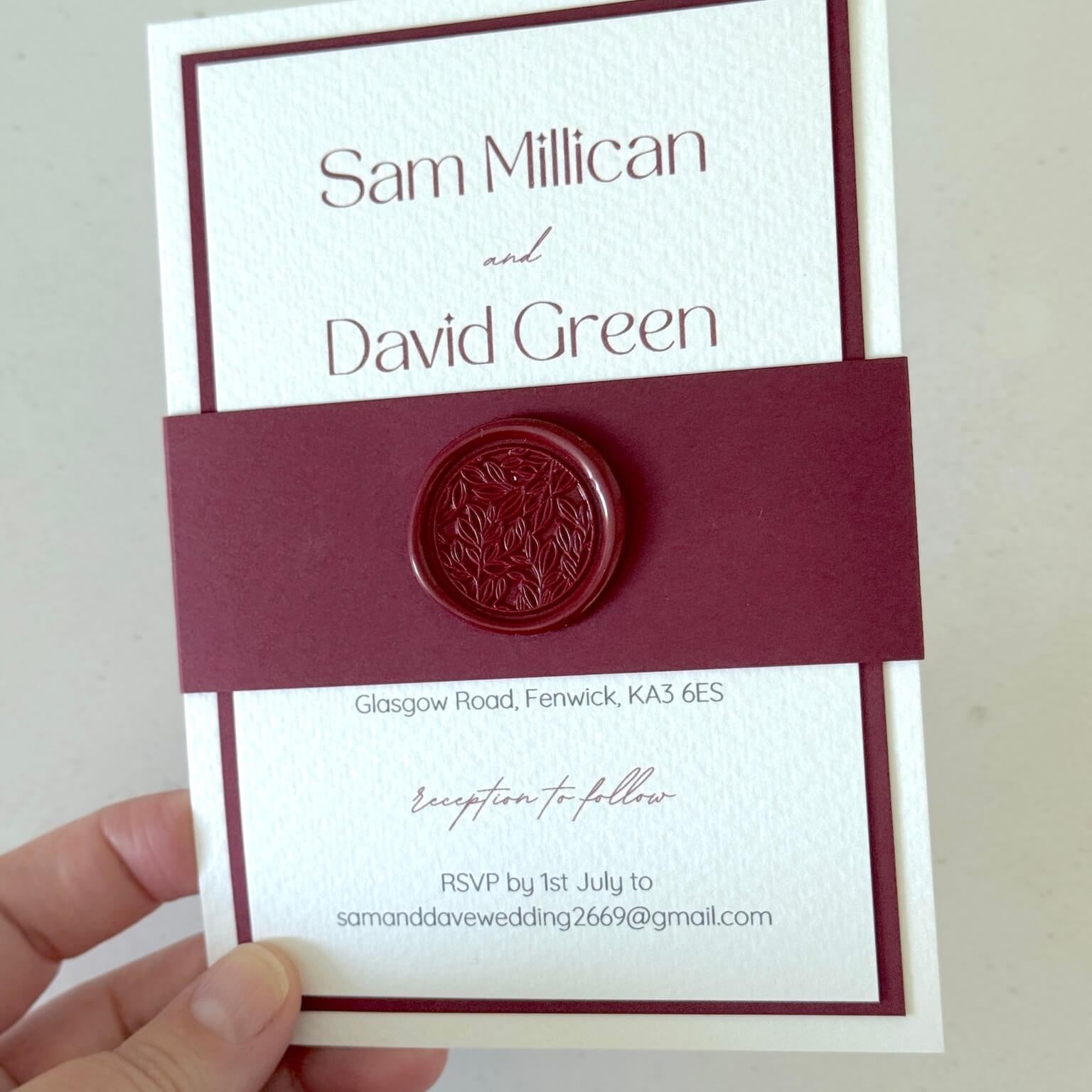 Lyn burgundy red and white wedding invite with belly band and wax seal