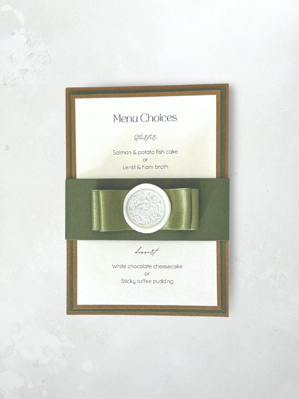 Lyn rustic craft and sage green belly band invite and details card with satin ribbon bow and cream wax seal