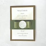 Lyn rustic craft and sage green belly band invite and details card with satin ribbon bow and cream wax seal