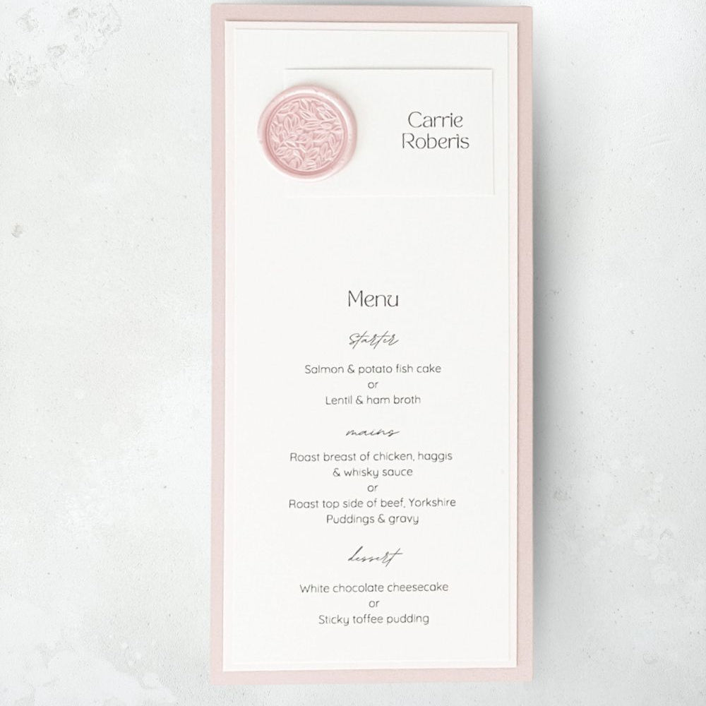 LYN  dl menu place card individual printed guest names pink wax seal