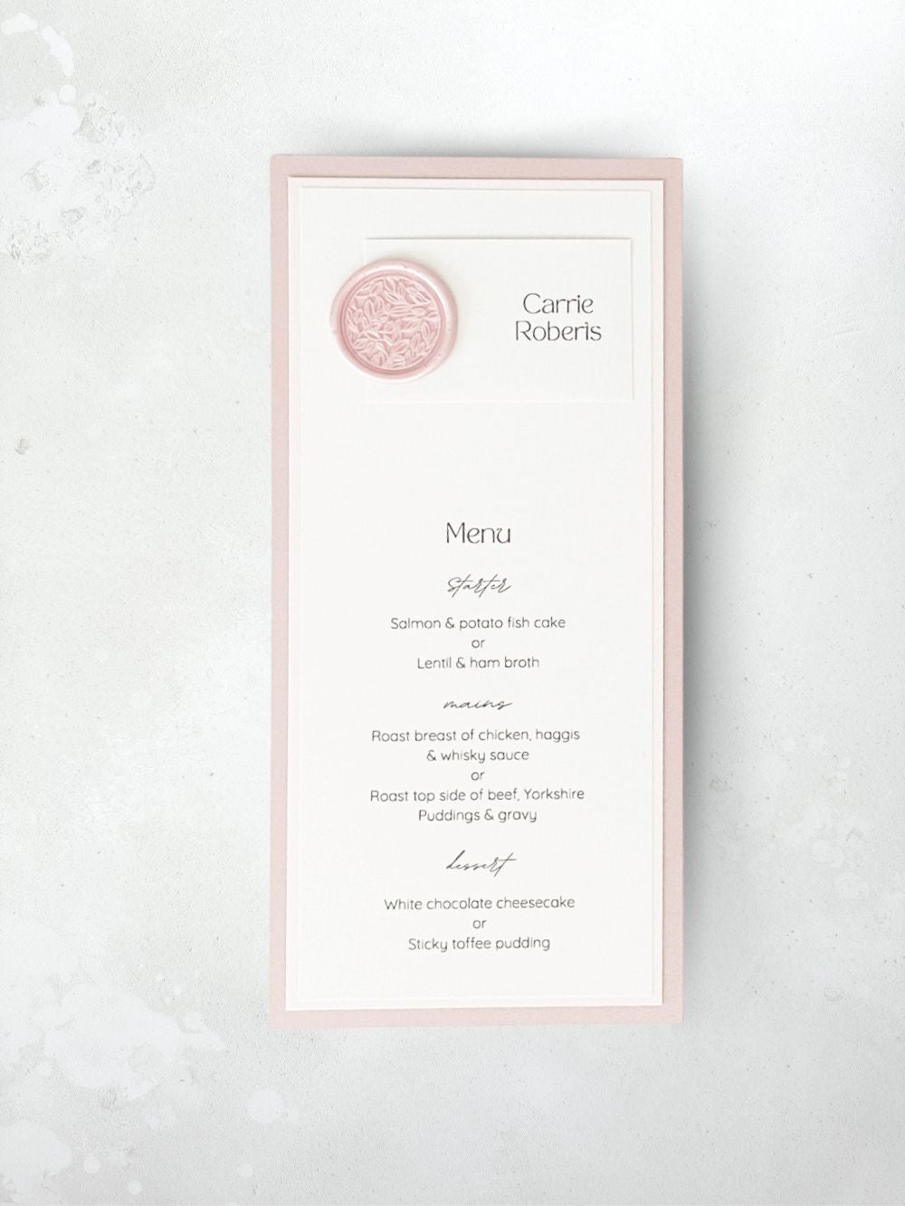 LYN  dl menu place card individual printed guest names pink wax seal