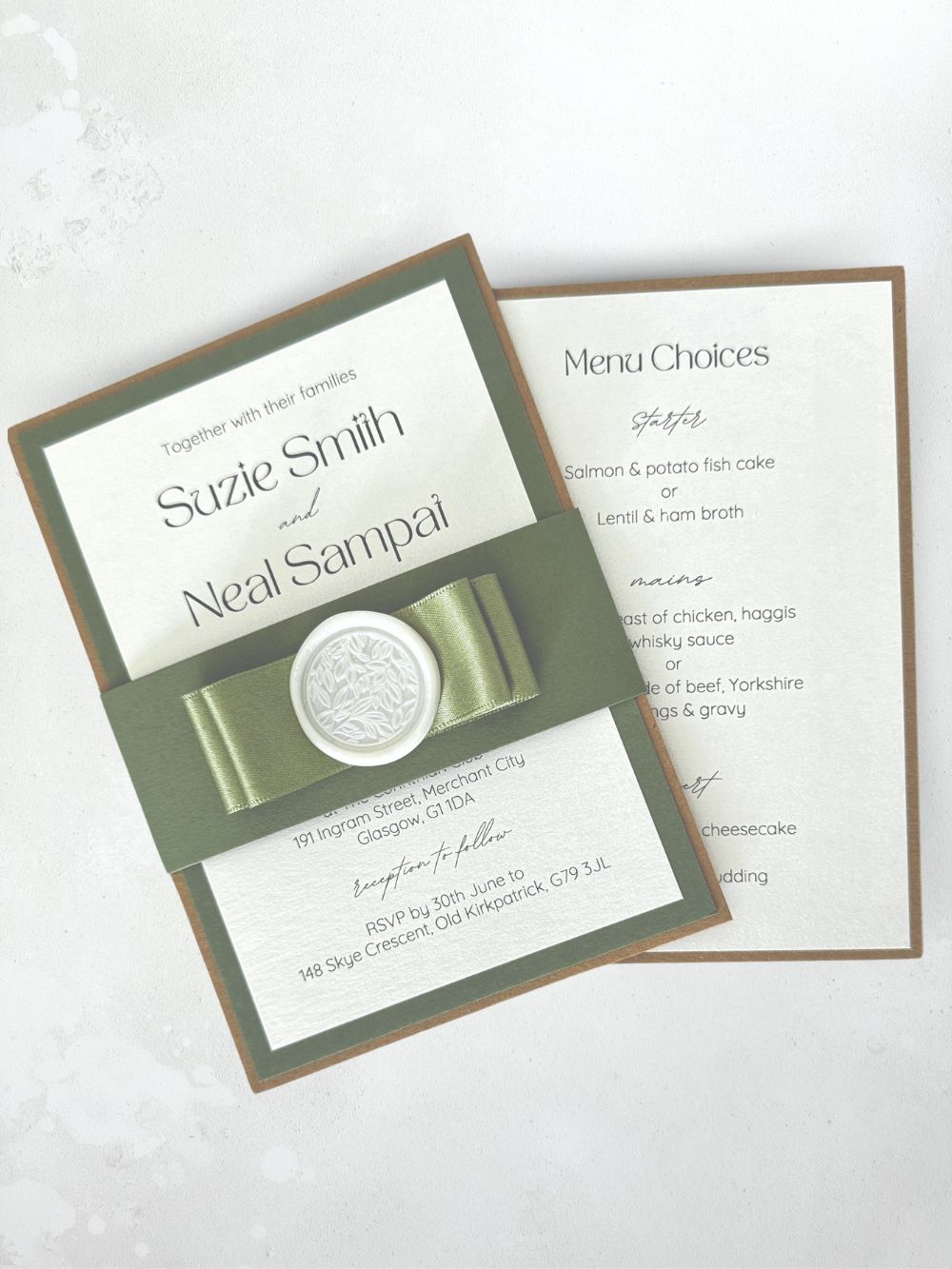 Lyn layered invite with wax seal sage green and rustic kraft wedding invite dumfries scotland