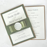 Lyn layered invite with wax seal sage green and rustic kraft wedding invite dumfries scotland