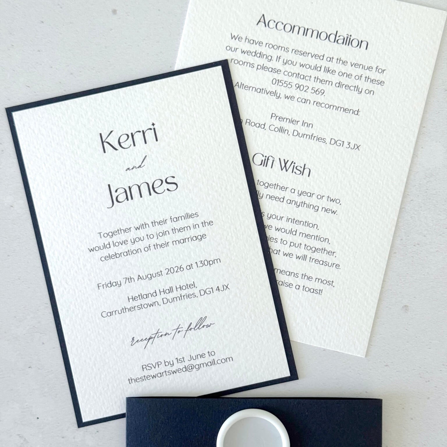 Navy wedding invite with belly band and white blank wax seal