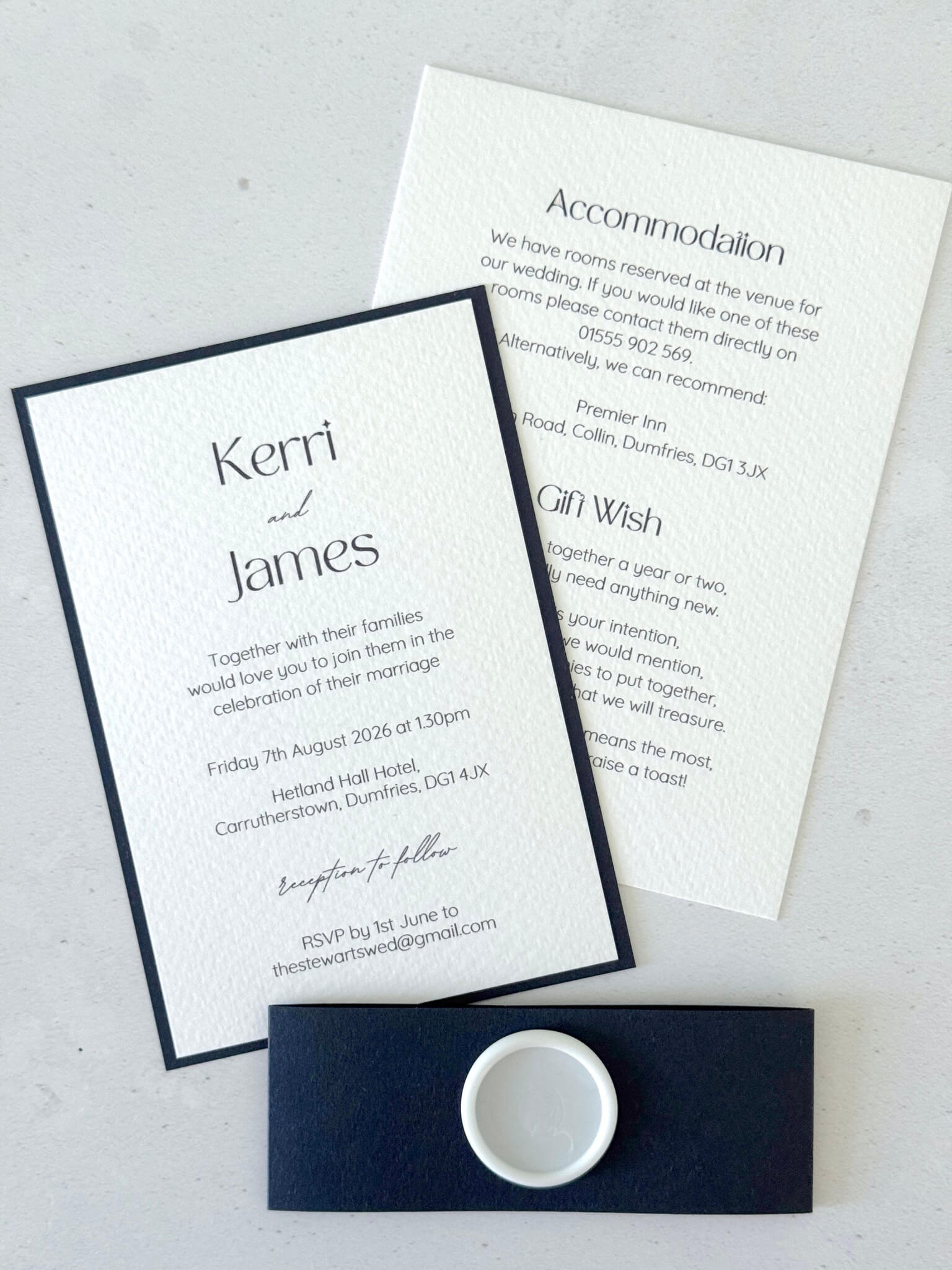 Navy wedding invite with belly band and white blank wax seal